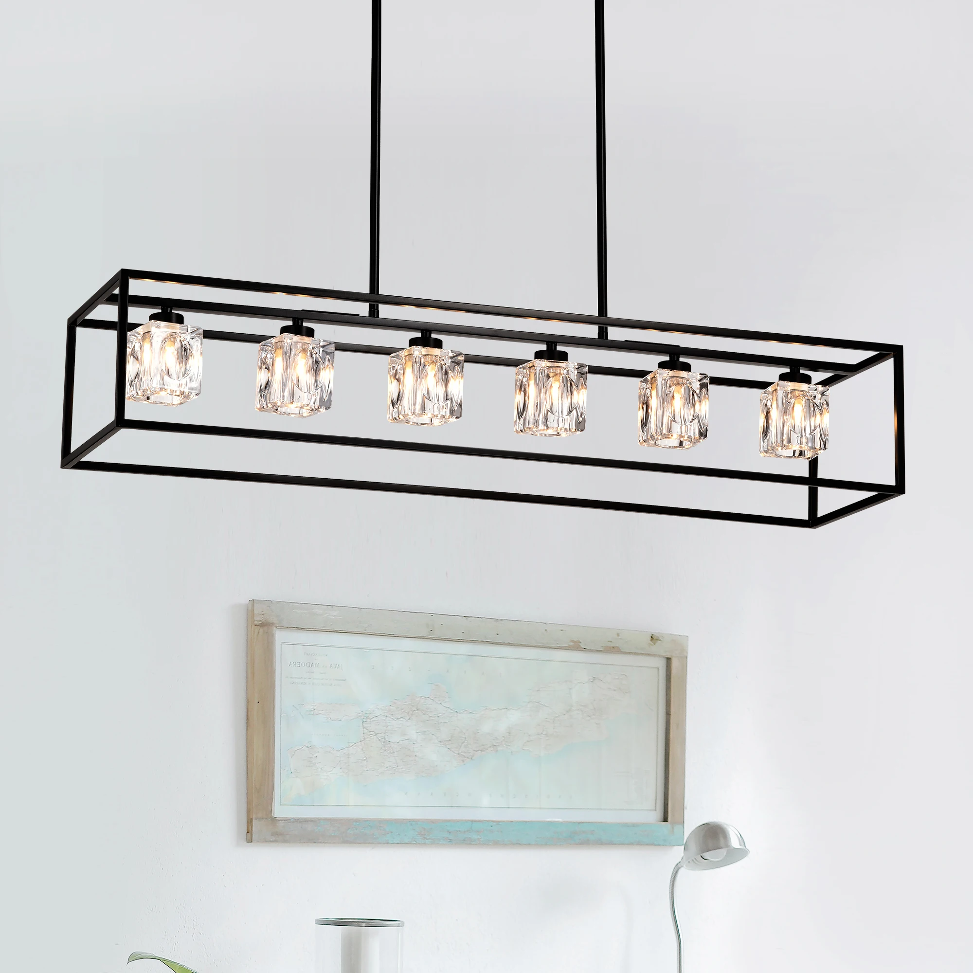 6-Light Farmhouse Chandelier, Modern Industrial Linear Rectangular Crystal Pendant Light Cage Chandelier for Dining Room,Kitchen