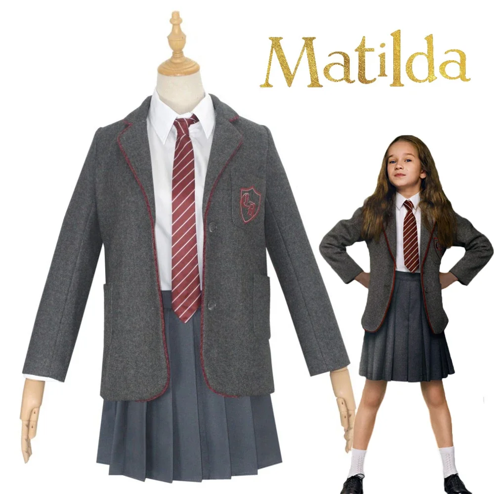 Disfraz de la película Matilda para niños y niñas, uniforme escolar, abrigo, falda, corbata, disfraz de Halloween