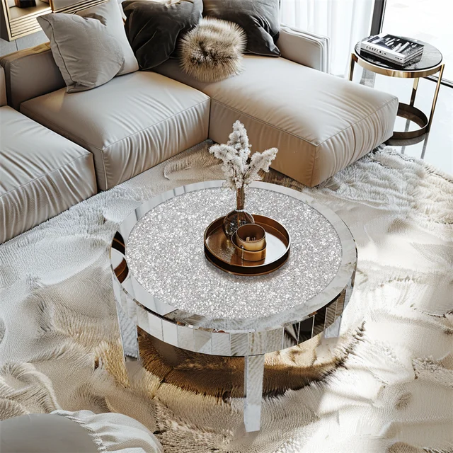 Luxury Silver Round Mirrored Coffee Table Elegant Accent Side Table with Glass Tabletop for Living Room Bedroom 5