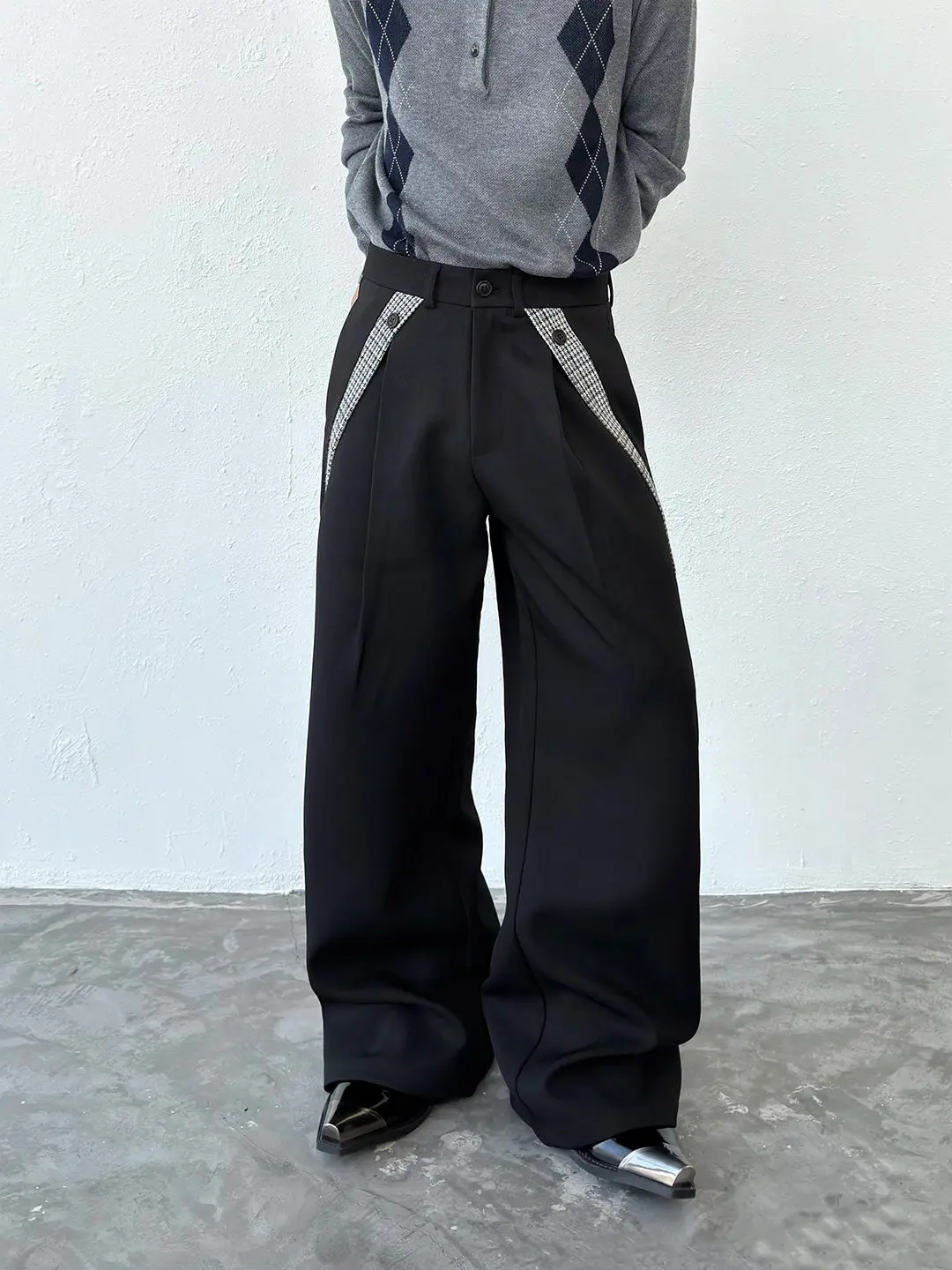 

High-End Bla Plaid Splicing Straight Leg Men's Women's Spring Autumn Loose Wide Leg Drapey Long Pants Street Sle Trousers