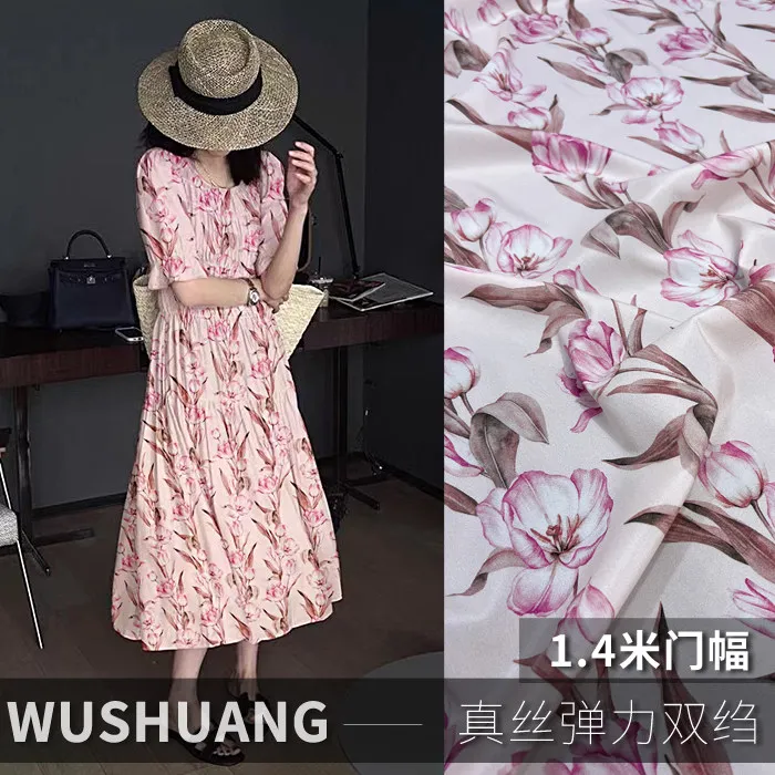 white base Pink Delicate Floral Print Silk Stretch Crepe De Chine Fabric Mulberry Silk Material for Dresses 140cm wide blouse