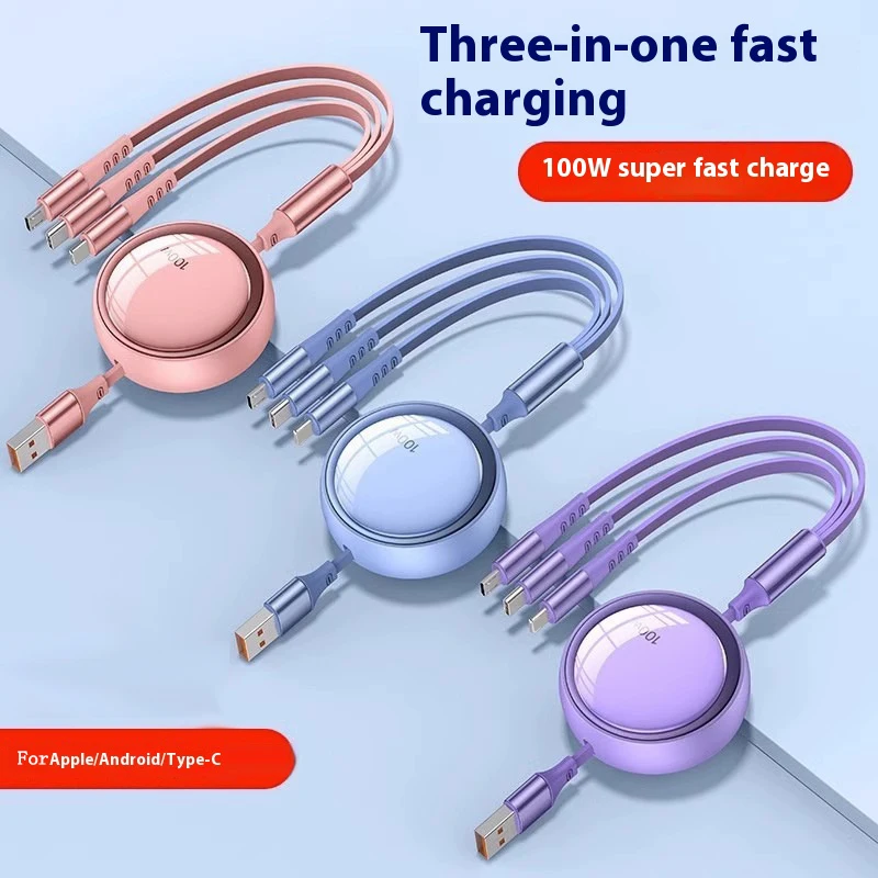 100w Data Cable 3 in1 Fast USB Cable Retractable  Portable Fast Travel Essential Micro USB Type C Charger Cable For Iphine/Samsu