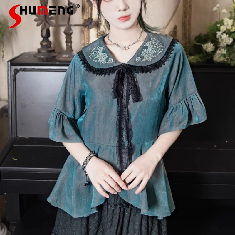 Embroidered Doll Collar Polarized Color Chinese Style Top Blouse Women's New Summer Design Irregular Lace Single-breasted Shirt