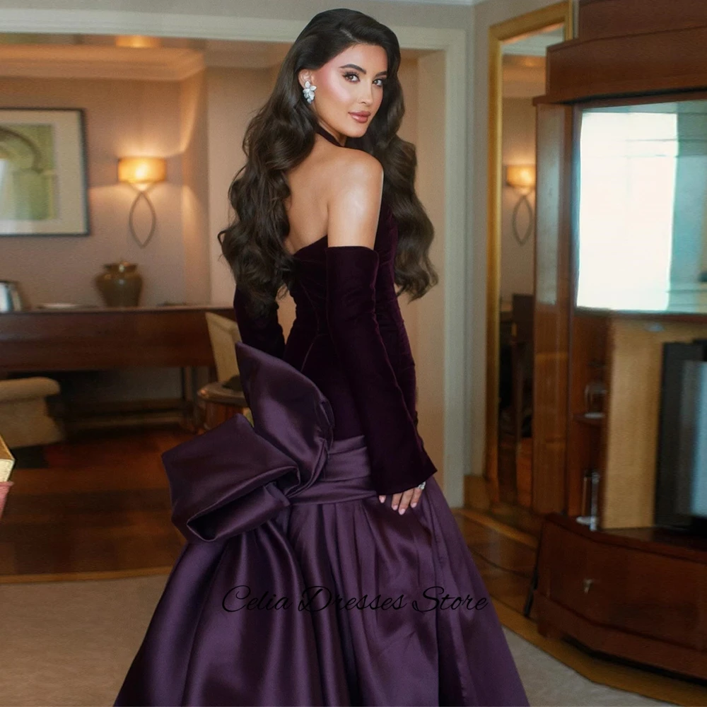 Fioletowa sukienka wieczorowa z weluru i satyny, elegancka, z trenem, sukienka na powrót do szkoły, formalna, syreni krój, kontrastowe kolory, suknia na specjalną okazję.