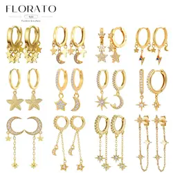 925 Silver Needle Star Hoop Earrings For Women Five-pointed Star Moon White Zircon Pendant Huggie Fashion Party Jewelry Gift