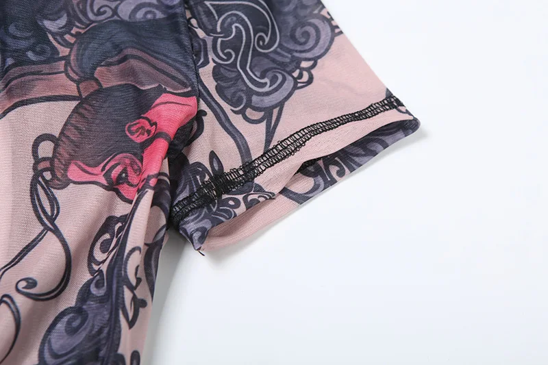 Prachtige Print Backless Speelpakjes Vrouwen 2023 Zomer Sexy Mesh O-hals Korte Mouw Ruches Perzik Heupen Slanke Rompertjes Club Overalls