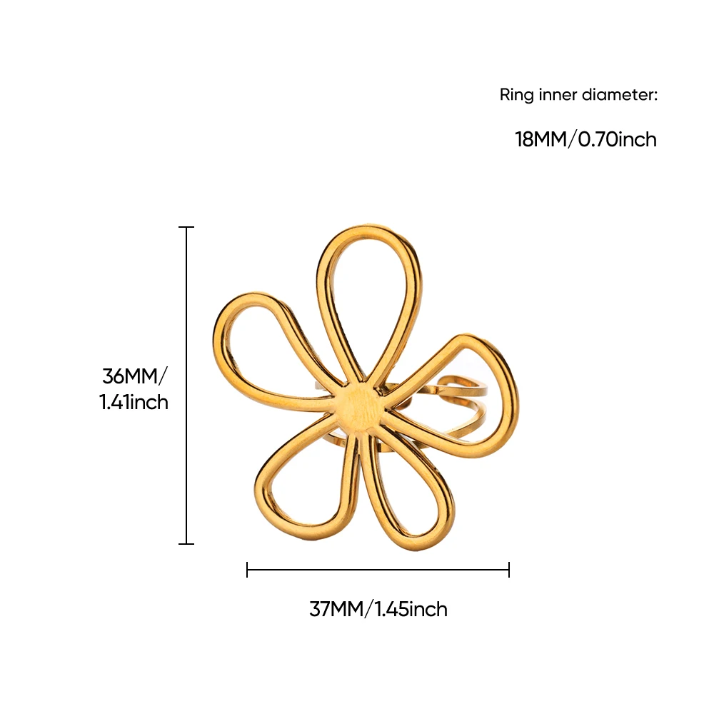 Hollow Flowers Double Layer Rings for Women Stainless Steel Gold Color Open Adjustable Ring Aesthetic Wedding Waterproof Jewelry