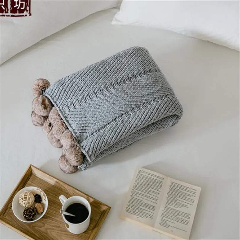 Knitted Blanket Nordic Style Sofa Throw Blankets Fur Pompom Bedspread Thread Blanket Bedding Quilt Soft Mantas Travel Blankets