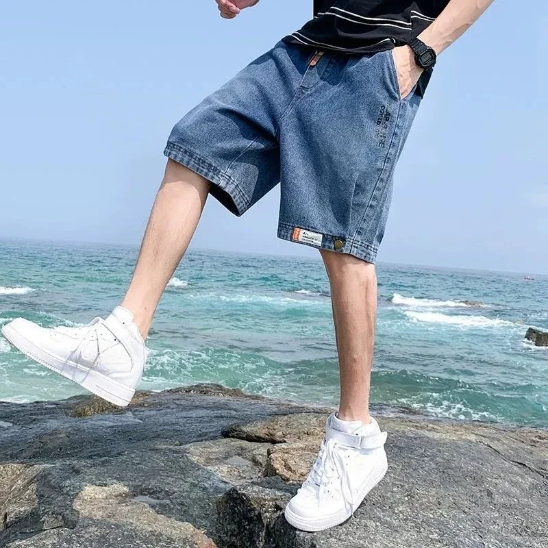 Loose Male Denim Shorts with Pockets Long Half Wide Baggy Bermuda Men's Short Jeans Pants Distressed Korean Fashion Cut New In