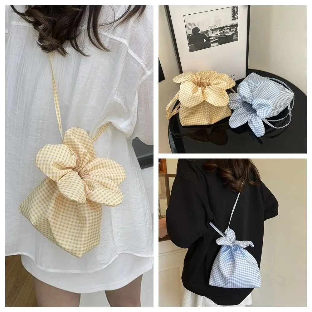 

Korean Style Plaid Drawstring Bag Canvas Bundle Pocket Flower Handbag Storage Bag Printing Small Crossbody Bag Shopping