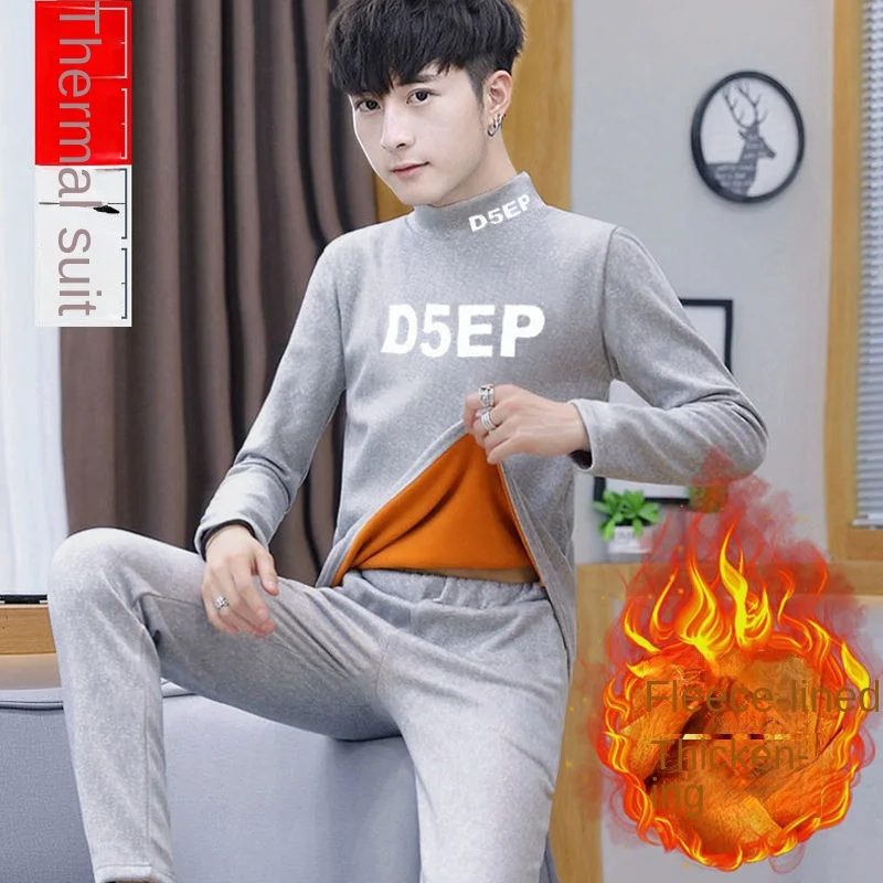 Fashion Warm Winter Men's Set Casual Print Heat Underwear Thickened Fleece Velvet Cotton-Padded Clothes Luxury Clothing Men