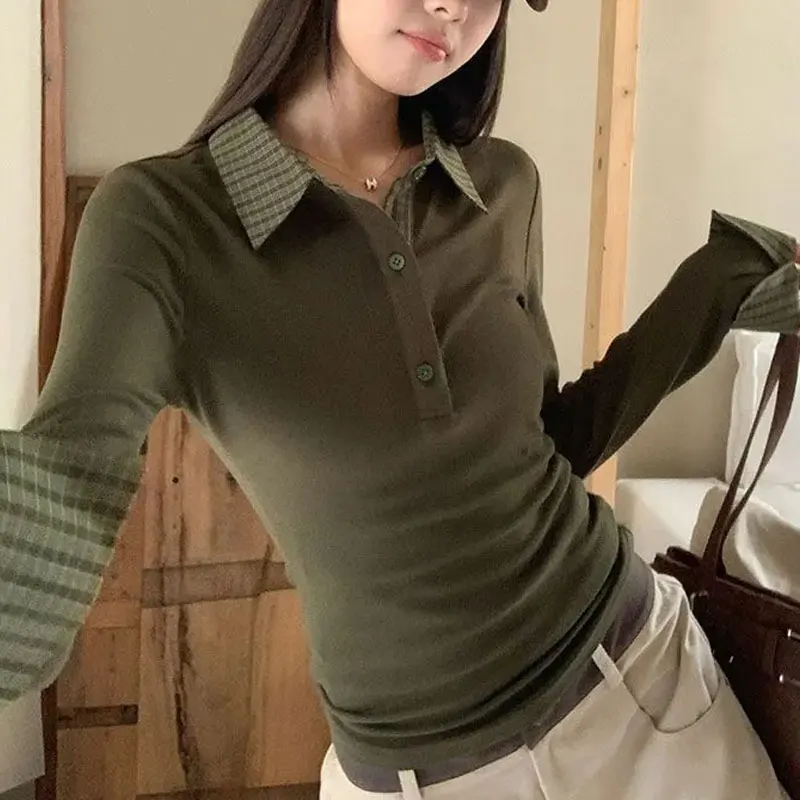 

Female Clothing Vintage Spliced Pullovers Plaid Slim Hotsweet Autumn Turn-down Collar Fashion Button Korean Long Sleeve T-shirts