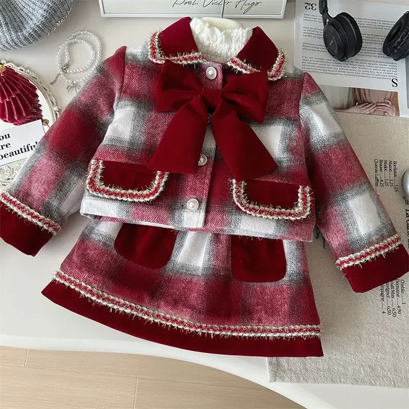 2024 Elegant Girls Baby Autumn Winter Big Bow Plaid Clothing Set Thick Warm Coats+Skirts,Kids Children Birthday Clothes Outfits