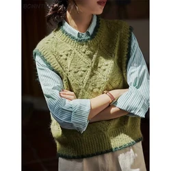 MEXZT Vintage Knitted Vests Women Cropped Sleeveless Sweater Harajuku Korean Waistcoat Streetwear Casual Short Knitwear Pullover