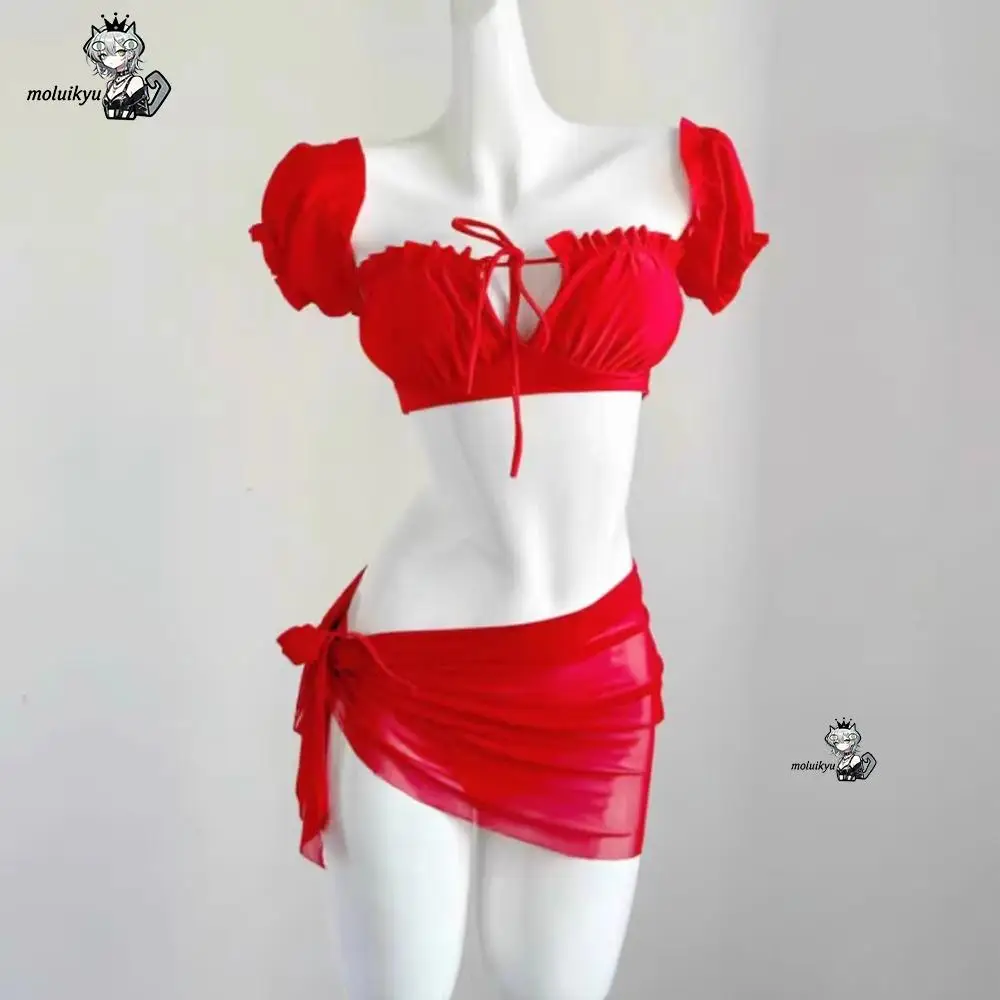 3Pcs Girl Swimsuit Red Off Shoulder Ruffle Wrap Skirt Push Up Bikini Bathing Suit Women Beach Vacation Swimwear with Hair Clip