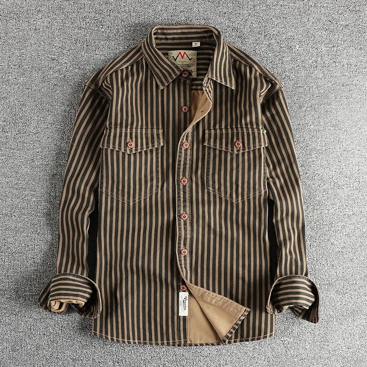 2026 Neue Amerikanische Retro Gestreifte Hemden für Herren Langarm Gewebte Baumwolle Gewaschene Arbeitsjacke Streetwear Lässige Oberteile – Detail 5