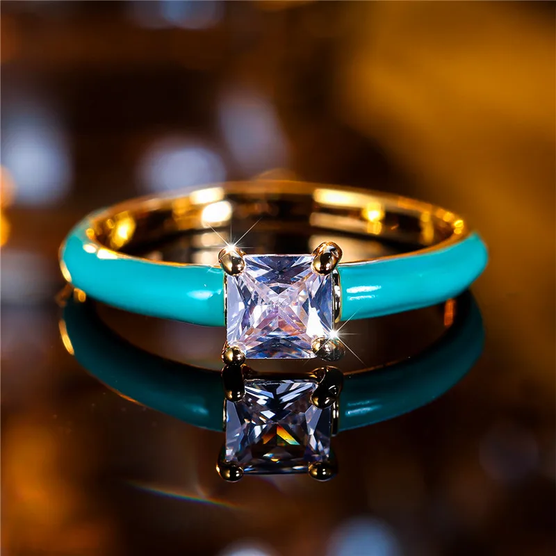 Luxury Female White Zircon Stone Ring Trendy Yellow Gold Color Engagement Cute Bride Wedding Jewelry Gift For Women