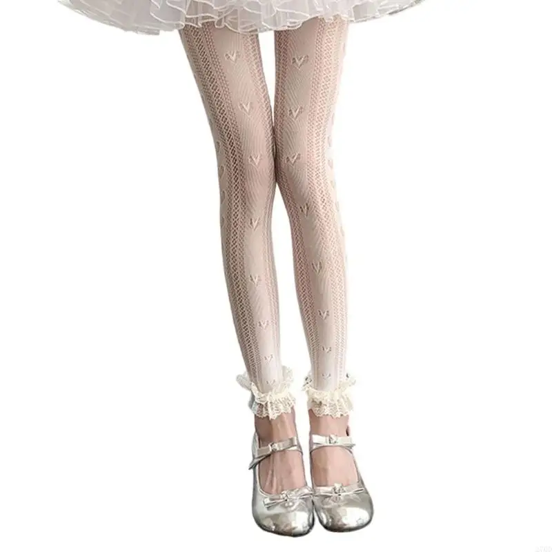 270D 여성 스타킹 하트 패턴 Footless 레이스 트림 레깅스 발가락 없음 팬티 스타킹
