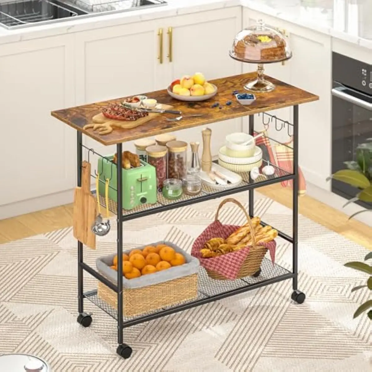 Mobile Kitchen Island Cart with 3-Tier Step Shelving Wood-Metal Construction 6 S-Hooks Locking Casters Adjustable Feet for Micro