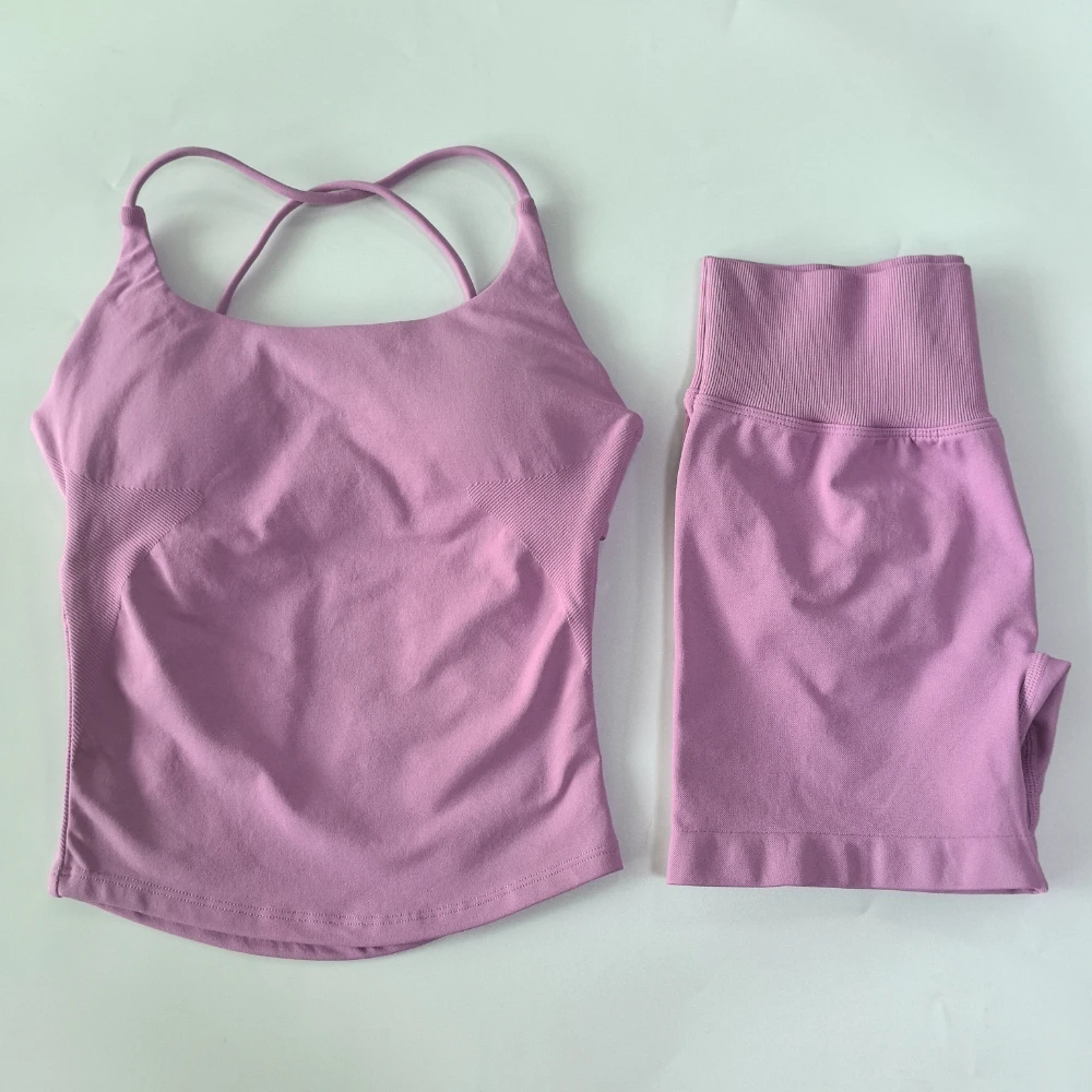 Pericic 2-teiliges Sportset für Damen, Twist-Back-Top, rückenfreier Träger-BH, Yoga-Shorts, Fitness-Set, Trainingskleidung, Outfit, Fitnessanzug – Detail 18