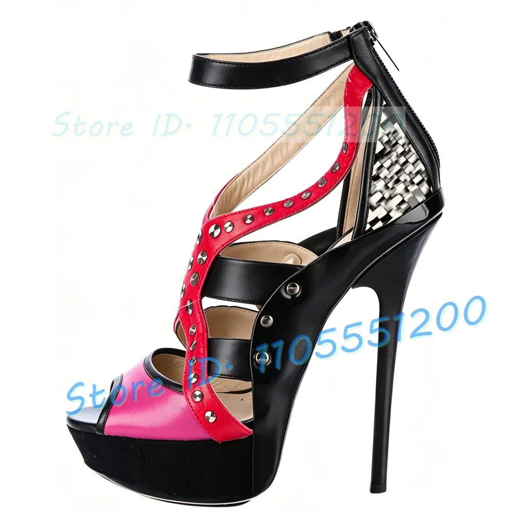 Mixed Colors Platform Cross Strap Sandals Women Nifty Nightclub Ankle Strap Rivet Trimmed Cover Heel Savage Stiletto Sandals