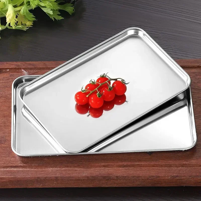 1Pc Household Stainless Steel Vermicelli Dish Thickened Rectangular Flat Bottom Liangpi Dish Barbecue Dish