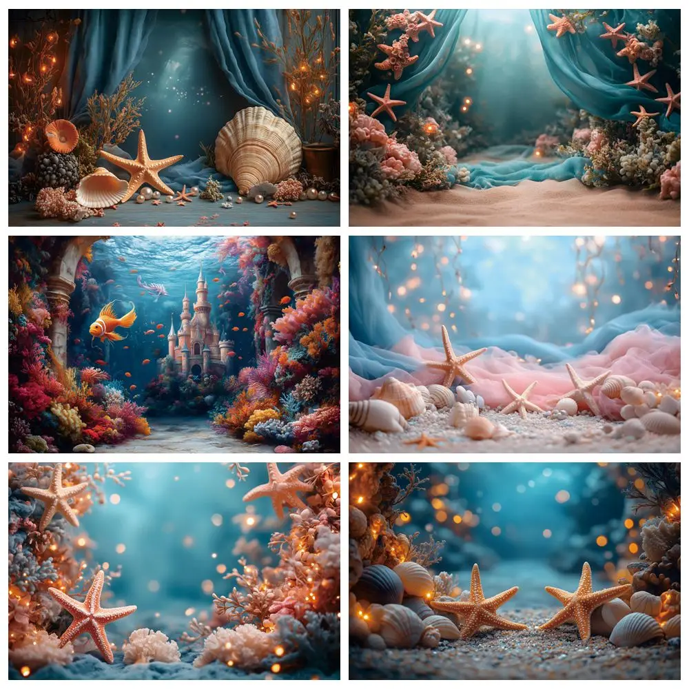 Blue Underwater World Scene Backdrop Starfish Coral Seaweed Baby Shower Birthday Party Kid Portrait Photography Background Decor