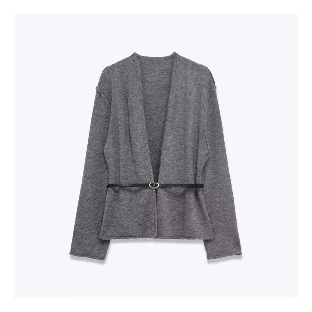 

Autumn new women's fashion versatile solid color long sleeved V-neck slimming belt jacket