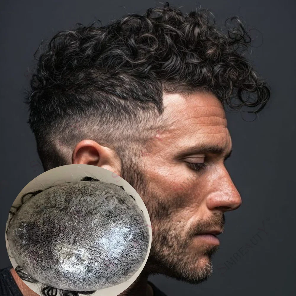

1b30 Grey Black 18mm Curly Mens Wig Human Hair Toupee Durable Full PU Base Afro Brown Thin Male Hair Prosthetic Natural Hairline
