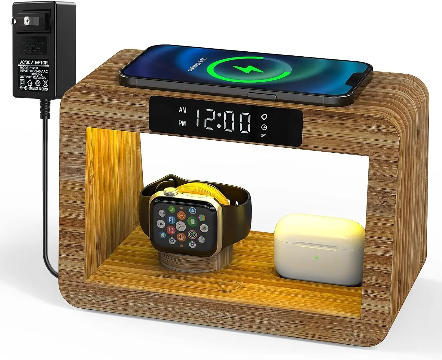 

Bamboo Wireless Charging Station, 15W Fast Charger with Night Light, Adjustable Brightness for iPhone/iWatch/AirPods