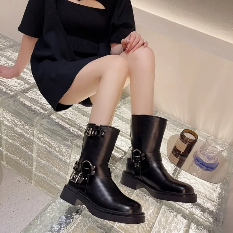 Women Platform Shoes 2024 Simple Retro Western Cowboy Boots Square Toe Thick Heel Knight Boots Soft Soled Comfortable Biker Boot