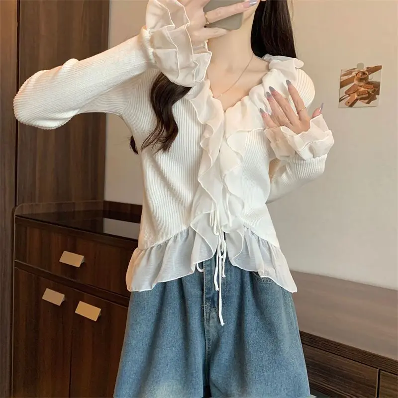 Lace Knitted Bottoming Shirt Women's Spring and Autumn Short Slim French Ruffled Sweater Flared Sleeve Top