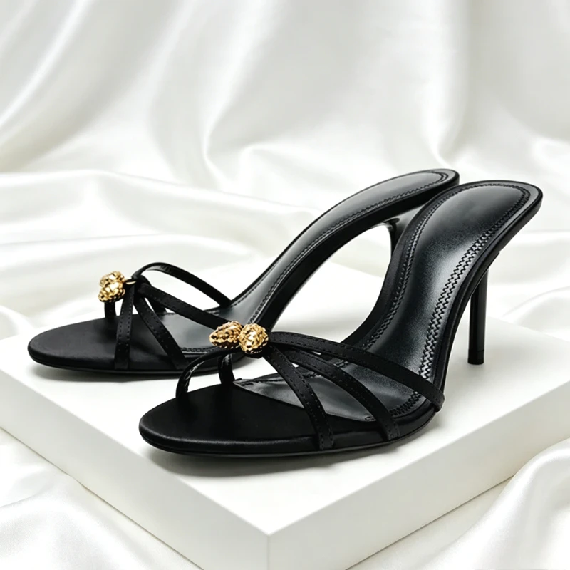 Black Satin Metal Decoration Stiletto Slippers Women Fashion Cross Tied Design Sandals Elegant Party Dress High Heels for Ladies