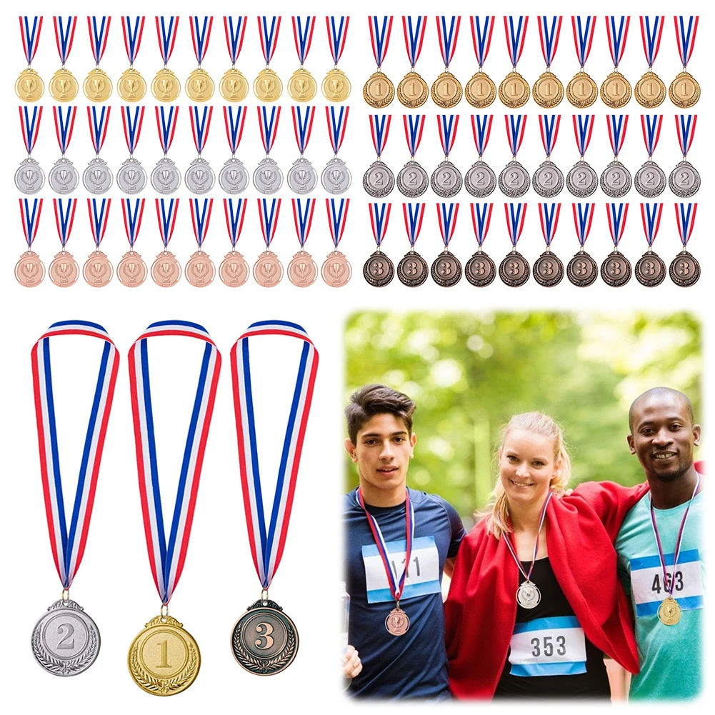 

30pcs 2inch 1st 2nd 3rd Prize Medal with Neck Ribbon Gold Silver Bronze Prize Round Gold Prize for Kids School Sports Meeting