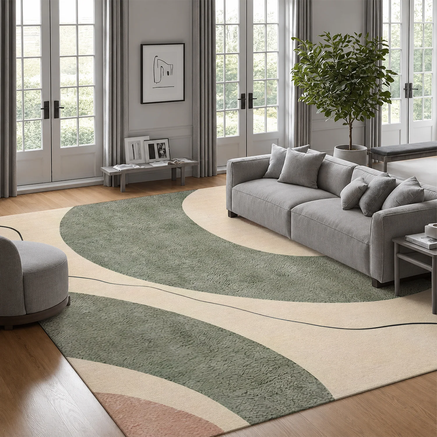 Large Indoor Area Rug, Soft Velvet Low Pile with Non-Slip Dotted Backing, Machine Washable, Modern Abstract Sage Green & Dusty Pink Curved Pattern Floor Rug for Living Room Bedroom, Neutral Minimalist Decor for Cozy Home Spaces