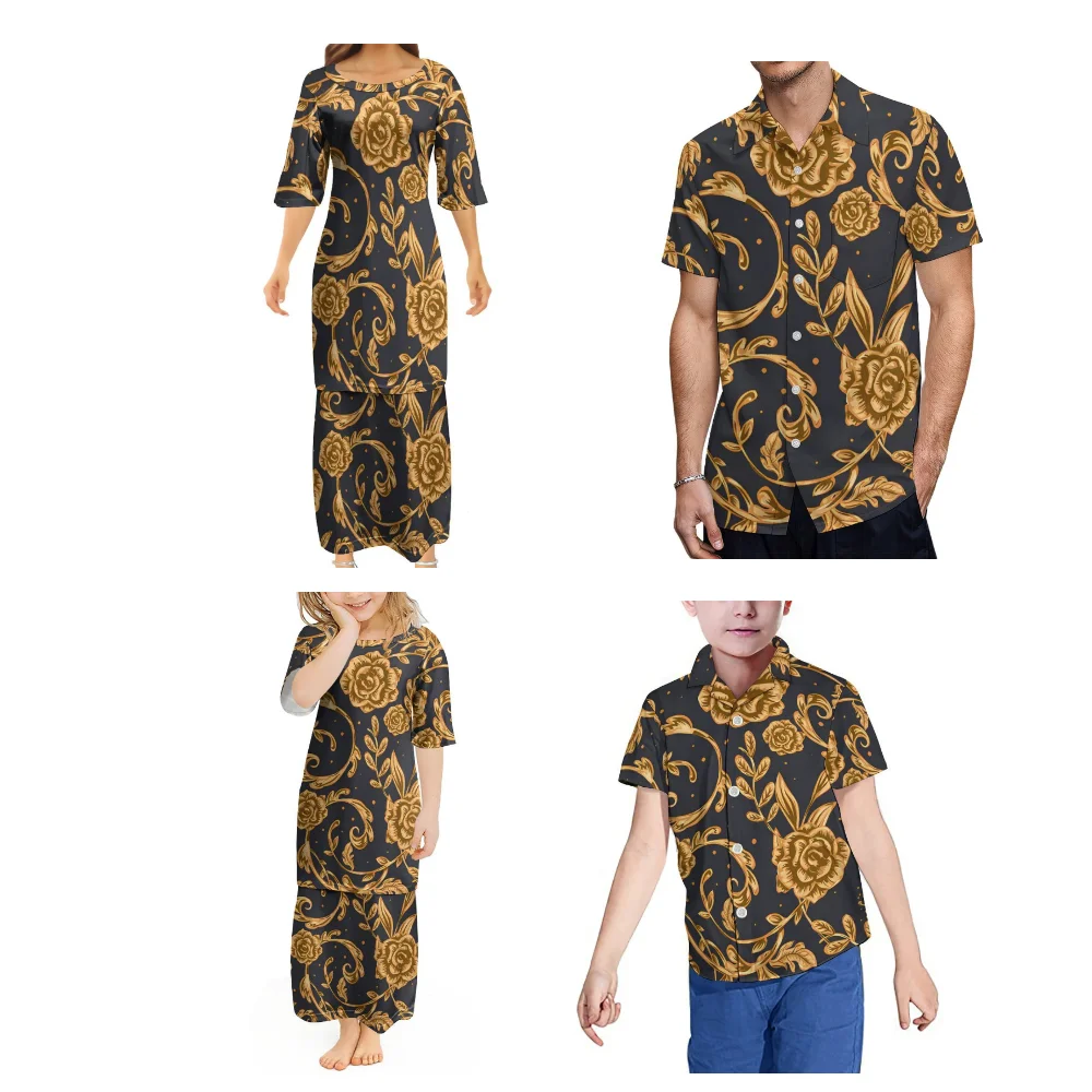 Father Mother Son Daughter Family Set Polynesian Traditional Print Custom Summer Short Sleeve Dress Puletasi Dress Men'S Shirt