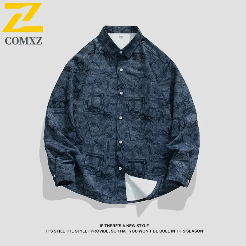 COMXZ Men Jacket Trendy Japanese Style Full Print Loose Fit Long Sleeve Outdoor Hiking Casual Lightweight Coat  Autumn Jackets