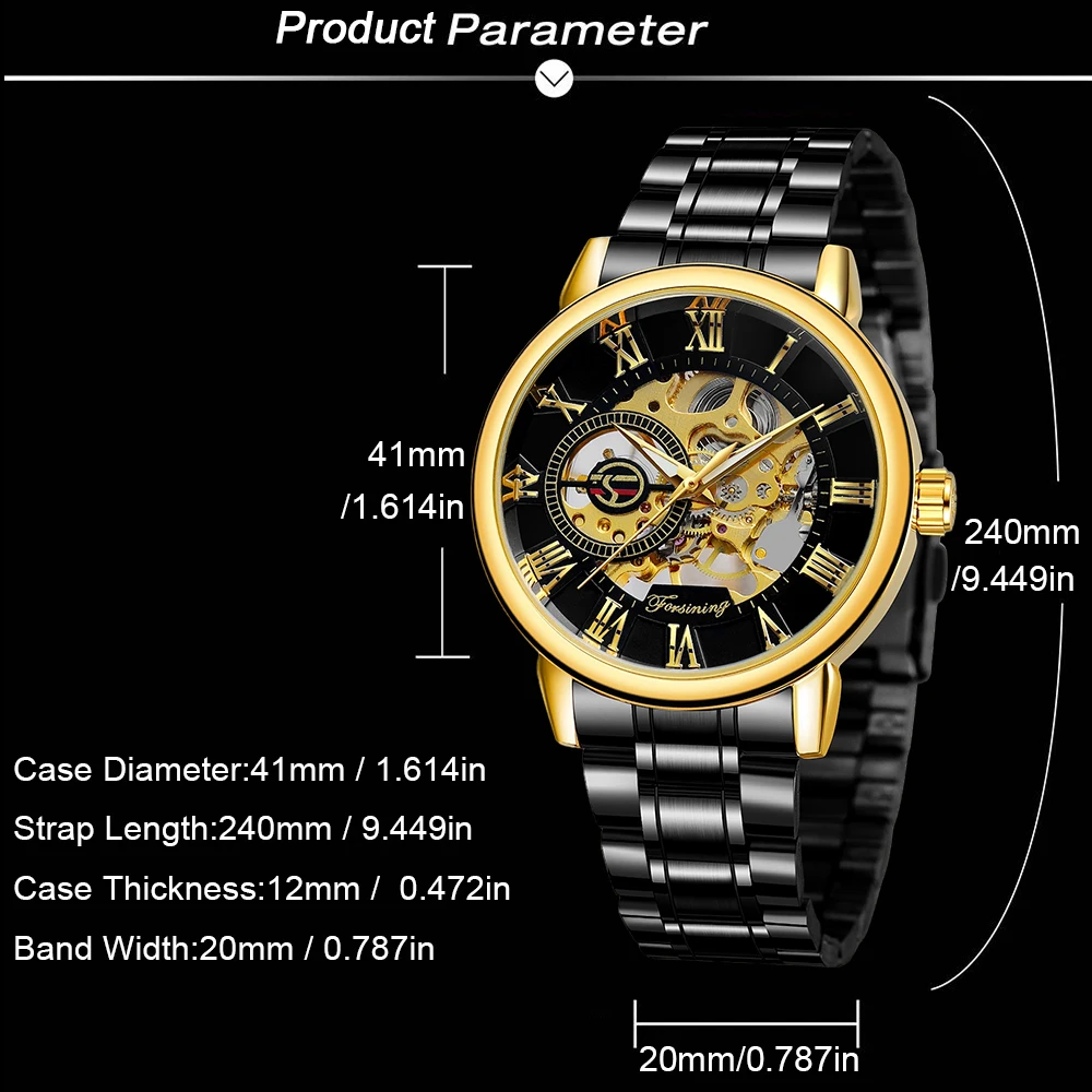 FORSINING Classic Hollow Men Wristwatch Mechanical Watch Stainless Steel Engraved Roman Numeral Luminous Pointers Skeleton Clock