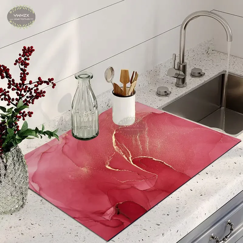 Pink Marble Drain Pad Dinnerware Placemat Napa Skin Bath Rug Dish Drying Mat Anti-mold Absorbent Kitchen Decorative Accessories