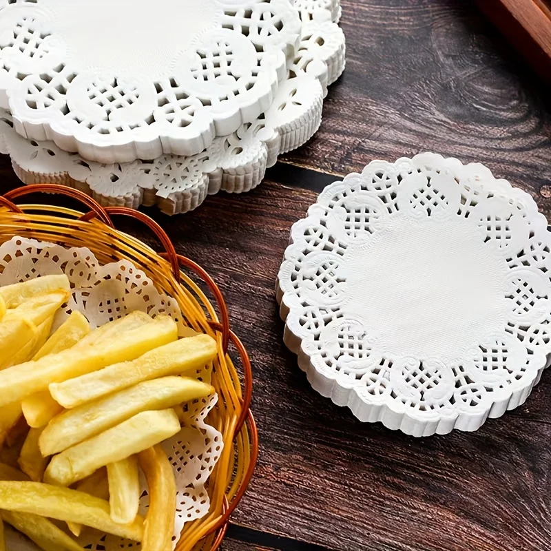 50/100 Stück Tischsets aus Papier mit Spitzenrand, Cupcake-Untersetzer für frittierte Speisen, Desserts, Partys, Hochzeiten, Tischdekoration, Küchen-Backutensilien – Detail 7