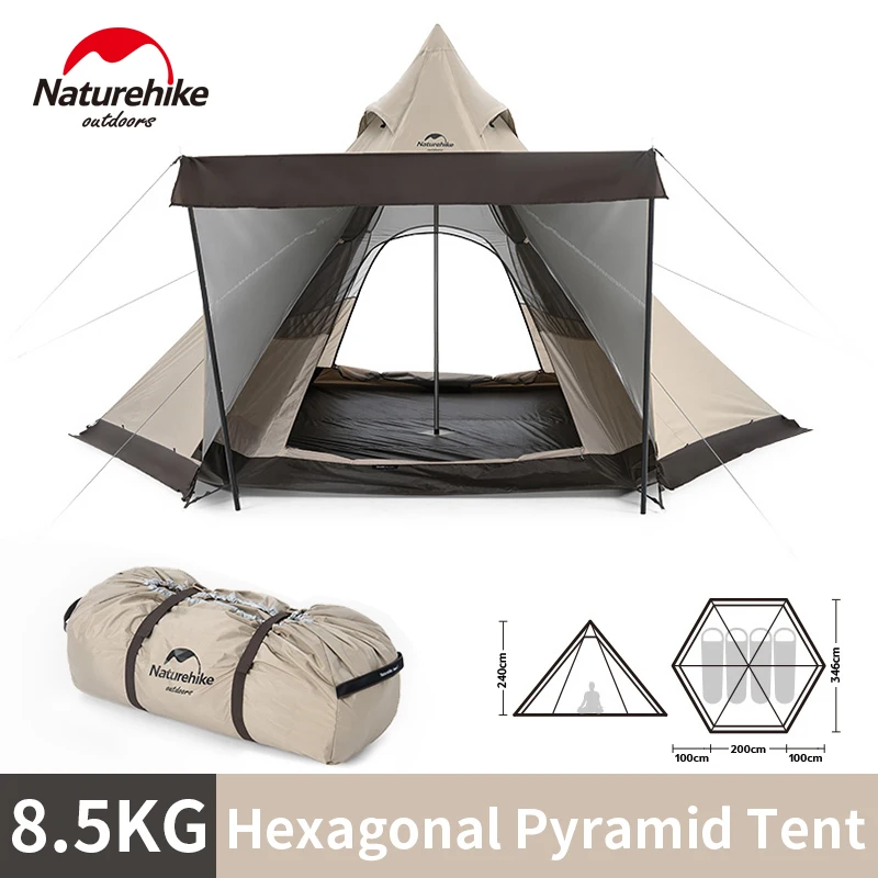 Naturehike RANCH Camping Pyramid Tent Waterproof Teepee Tipi Tent for 3-4 People Family Travel Outdoor 4 Season Hexagon UPF50+