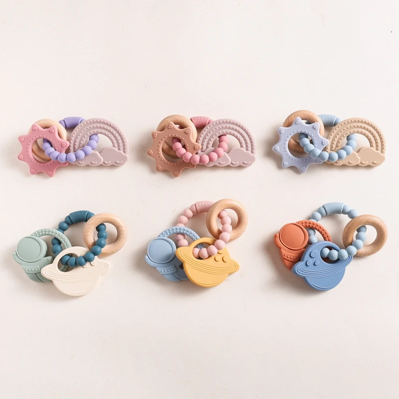 Baby 0-12 Toys 1pc Silicone Teether Food Grade Toddlers Teething Ring Sensory Toys Silicone Planet Teether Bracelet Accessories