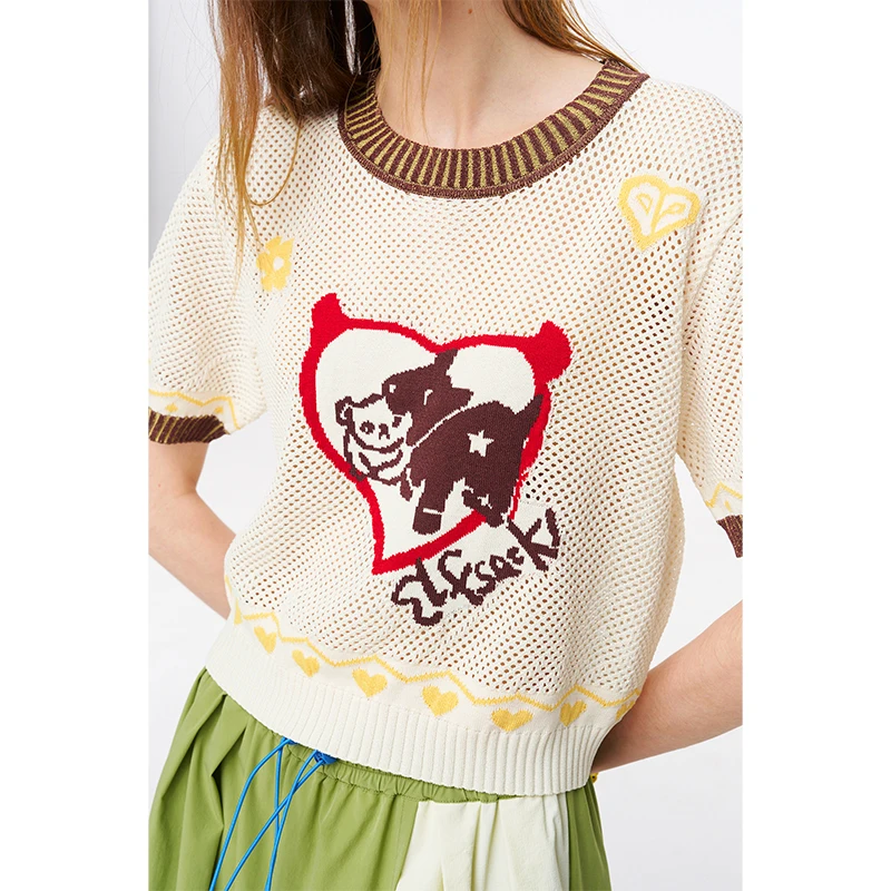 ELFSACK Women's Crochet Knitwear with Heart Animal Pattern, Short Sleeve Color Block Trim Top, Casual Retro Tee for Summer view 4