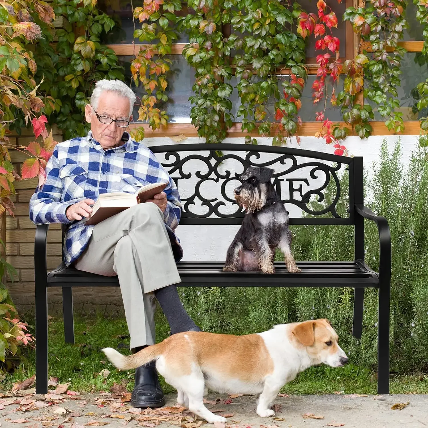 Outdoor Bench for Patio Metal Garden Bench w/PVC Back Pattern, Steel Black Outdoor Bench