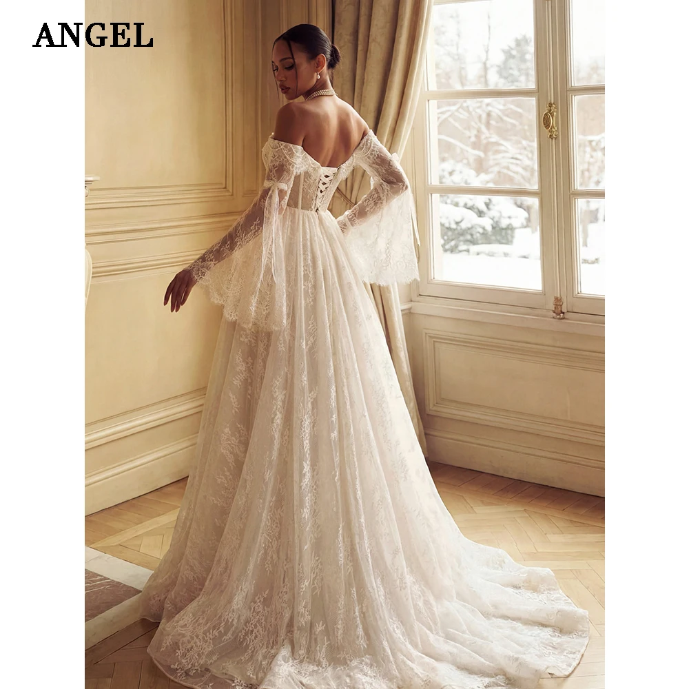 ANGEL Lace Luxury Wedding Dresses 2026 Long Sleeves Ivory Bride Dress With Train Pearls Bridal Gowns Vestidos De Novia Custom