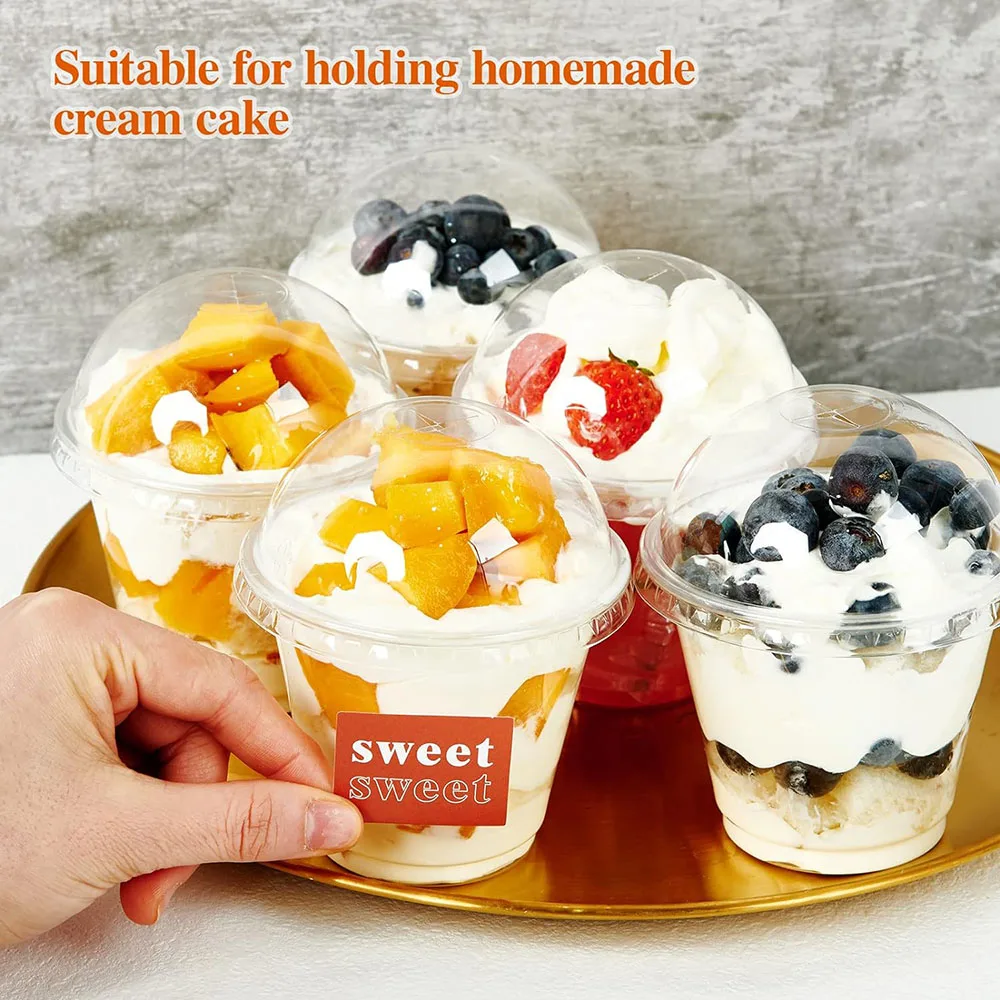 9oz Clear Plastic Cups With Dome Lids, Crystal PET Dessert Cups, Cold Party Cups for Cupcake/Ice Cream/Latte/Cold drinks