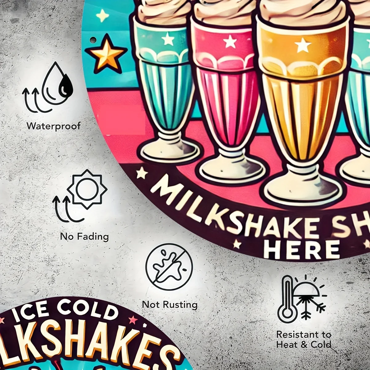 قطعة واحدة، علامة ألومنيوم معدنية مستديرة مقاس 8 × 8 بوصة (20 × 20 سم) ريترو "Ice Cold Milkshakes"، ديكور فني جداري عتيق للمنزل والبار والمطبخ - Ea