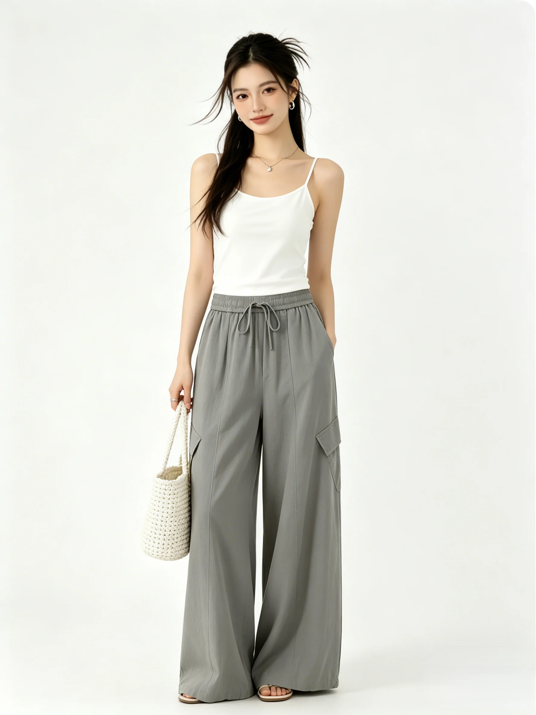 Casual Skin-friendly Deep Grey Loose Elastic Waist Wide Leg Pants Draping Workwear Trousers Slimming Long Summer Pants