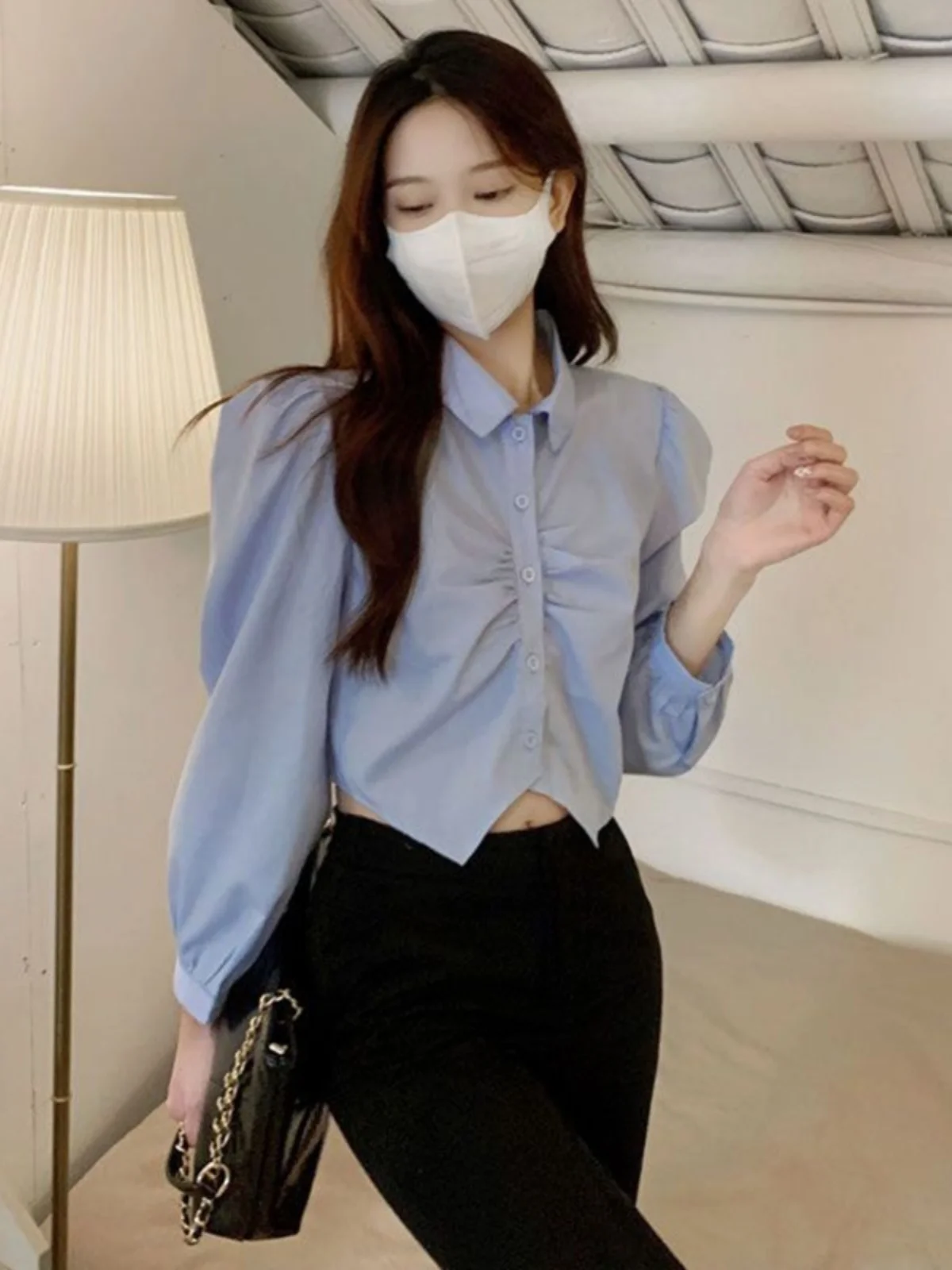 

Синяя короткая женская рубашка в корейском стиле, модная, для колледжа, весна-осень, новинка, элегантная, однотонная, с индивидуальным дизайном