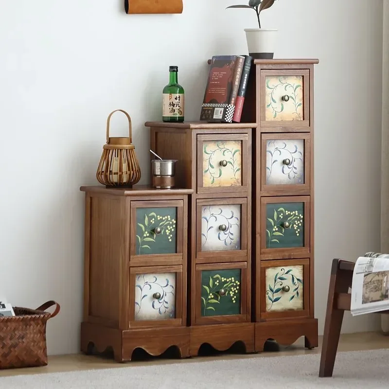 Clearance Solid Wood American Bucket Cabinet Narrow Side Table Living Room Storage Painted Drawer Retro Crack Finish 25cm